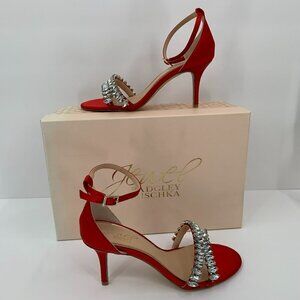 Jewel Badgley Mischka Melania red satin rhinestone crystal sandal heel new 5.5